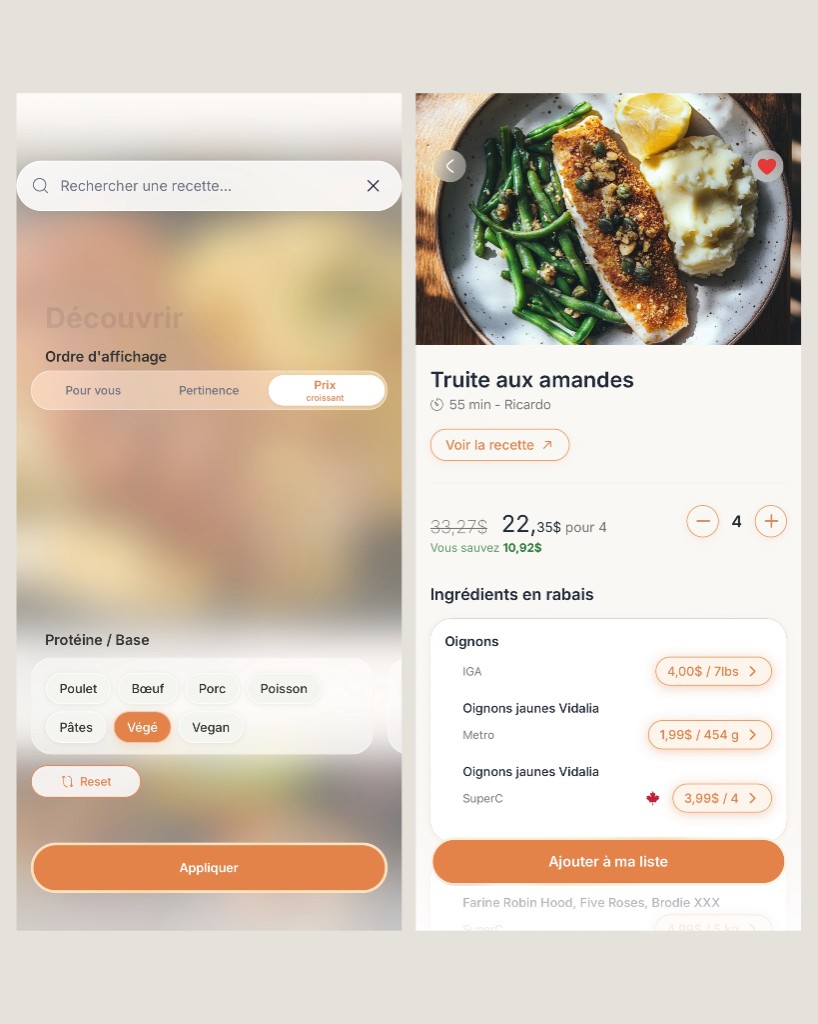 Filtres de recettes et détail avec prix et économies