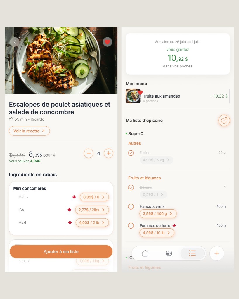 Détail d'une recette avec ingrédients en rabais et liste d'épicerie triée par rayon